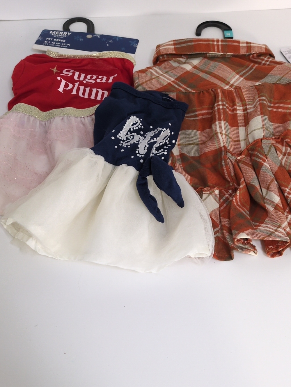 Lot of 3 Medium Dog Dresses Youly Plaid, Petco Sugar Plum & Top Paw Pearl Tutu